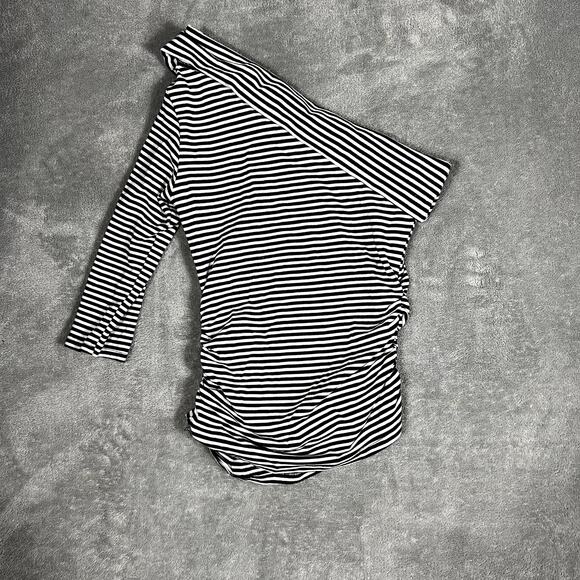 VTG Y2K Taunt Off-Shoulder Top Rouched Black White Striped Women's S Alt Emo USA - Picture 6 of 7